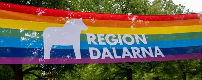 Region Dalarnas pridebanderoll med logotyp.