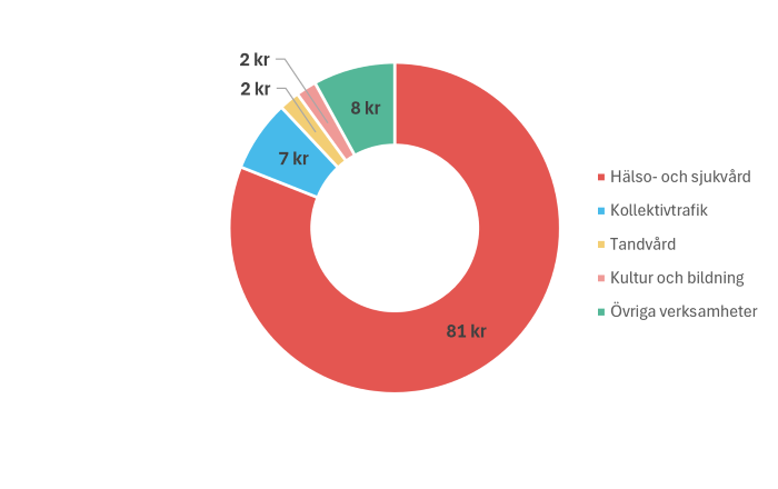 Ett cirkeldiagram som visar hur regionens budget fördelar pengarna över de olika verksamheterna