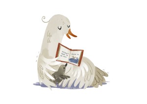 Illustration av en fågel som läser ur en bok