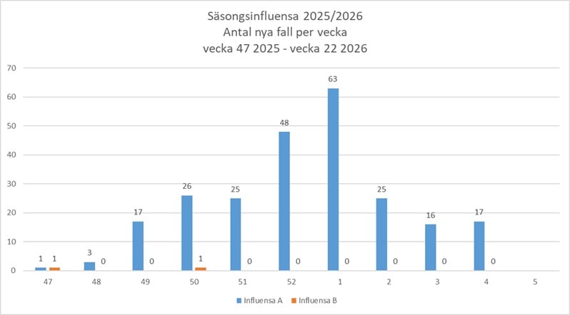Antalet fall av s&auml;songsinfluensa under vecka 4 var 0 f&ouml;r influensa A och 17 f&ouml;r influensa B.