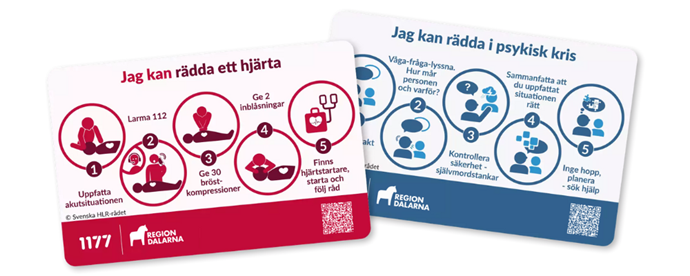 Informationskort med information om HLR och PLR (psykisk livräddning)