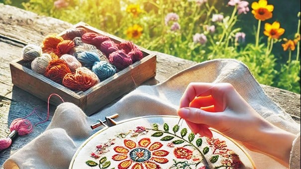 Händer som broderar kurbitsmönster