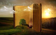En surrealistisk bild av en stor bok i en sommarmiljö. En slingrande väg in i boken, ett träd och en tom stol och fåglar som flyger och en sol syns också på bilden.