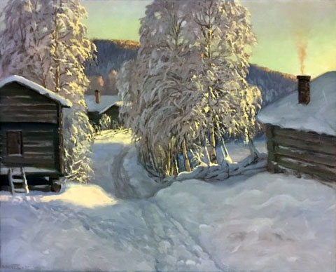 Målning som föreställer ett vinterlandskap i solljus. 