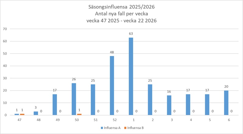 Antalet fall av s&auml;songsinfluensa under vecka 6 var 20 f&ouml;r influensa A och 0 f&ouml;r influensa B.