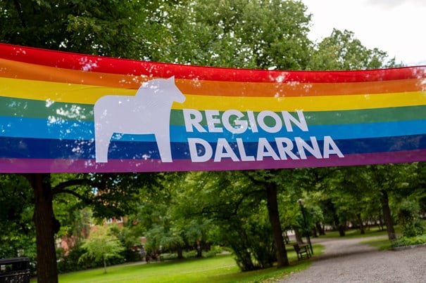 Prideflagga med Region Dalarnas logotyp på. 