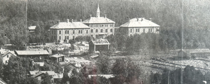 Vy över tre hus. Svartvitt foto.